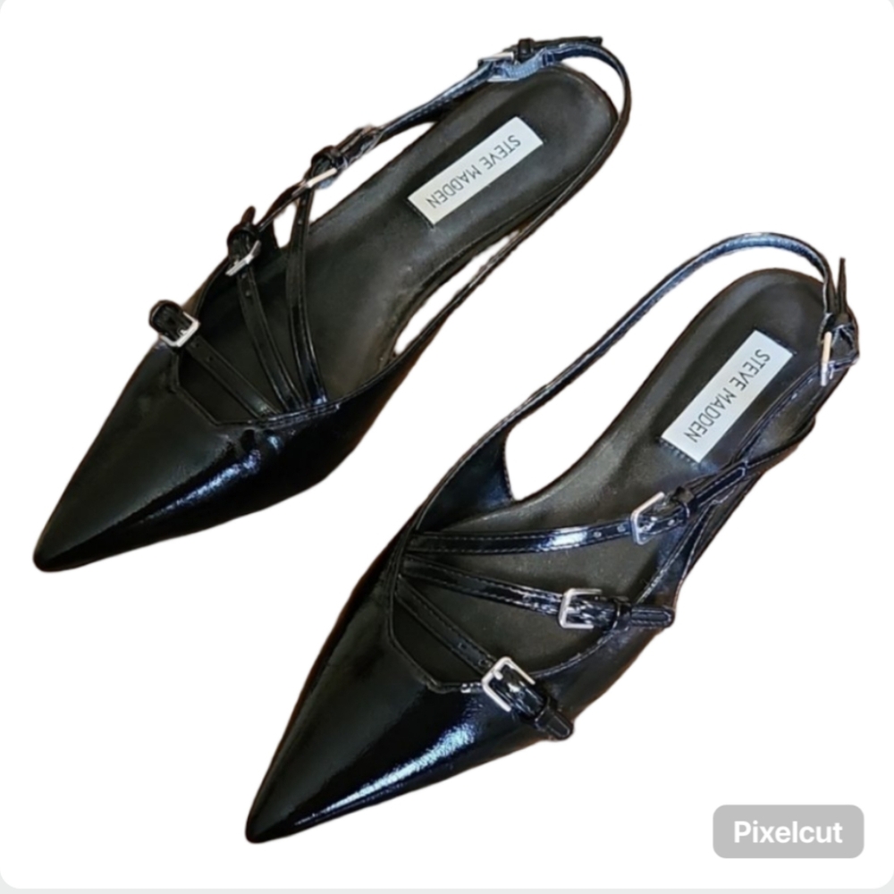 Steve Madden Peony Black Pointed Toe Strappy Slingback Flats Size 8 - Brand New!